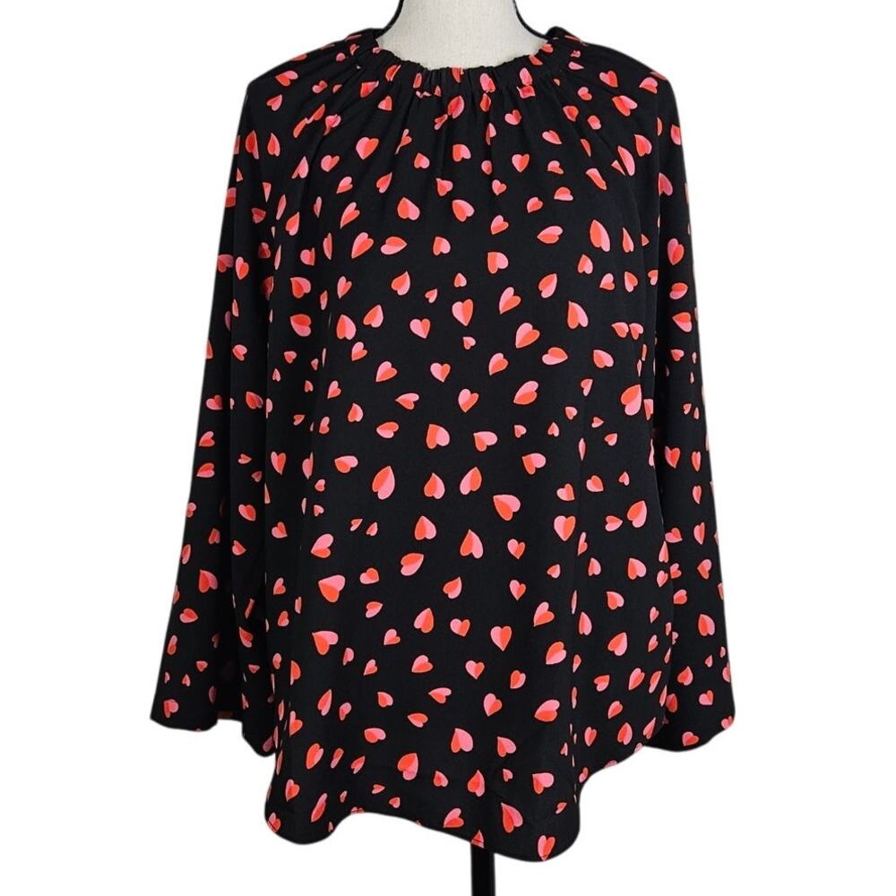 Ann Taylor Blouse Women Medium Black Pink Heart Print Long Sleeve Casual Top